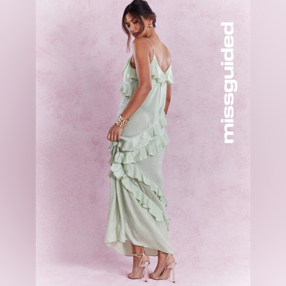 Missguided Mint Green Ruffle Slip Maxi Dress Gold Chain Straps Medium NWT - Picture 2 of 7